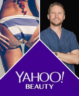 A split image showing a person in striped swimwear on the left and a smiling man in medical scrubs on the right, with "Yahoo! Beauty" text at the bottom.