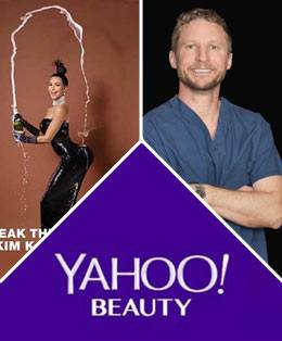 A composite image with Kim Kardashian popping champagne, a man in blue scrubs, and a purple "YAHOO! BEAUTY" logo.