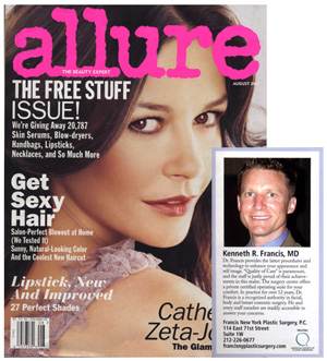 Allure magazine cover featuring Catherine Zeta-Jones and an inset photo of Kenneth R. Francis, MD with his contact information.