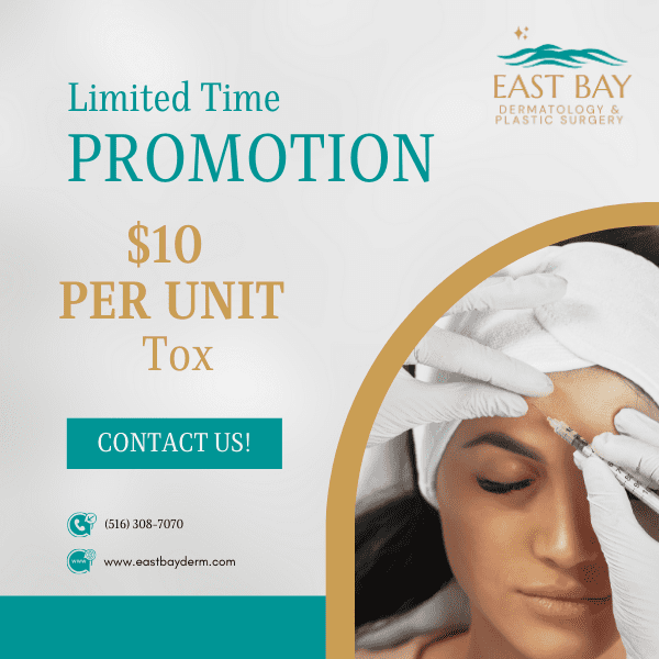 A woman receives a cosmetic injection in her forehead, highlighting East Bay Dermatology & Plastic Surgery’s limited-time $10 per unit Tox offer. Contact us today to schedule your appointment!.