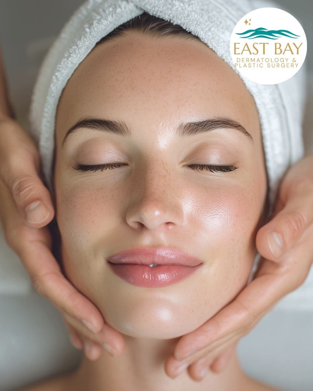 A woman with a towel wrapped around her head receives a facial massage, highlighting the soothing experience of skin care in Bellmore. The East Bay Dermatology & Plastic Surgery logo is visible in the upper right corner.