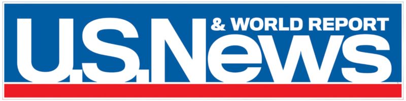 U.S. News & World Report logo with white text on a blue background and a red stripe at the bottom.