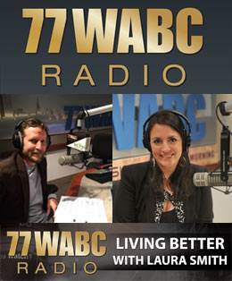Two radio hosts sit at microphones in a studio, with the 77 WABC Radio logo and "Living Better with Laura Smith" displayed on the image.