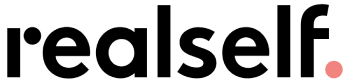 The image shows the "realself" logo in bold black lowercase letters with a pink dot at the end on a light background.