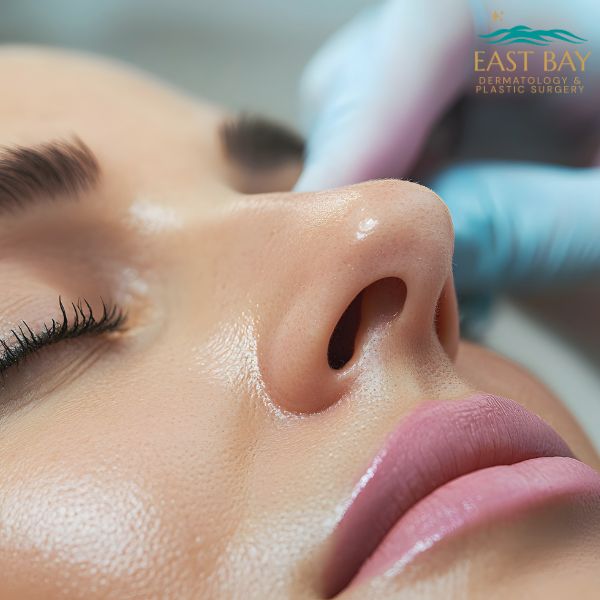 Close-up of a person's face during a cosmetic procedure, with gloved hands touching the nose. "East Bay Dermatology & Plastic Surgery" logo is visible in the upper right corner.