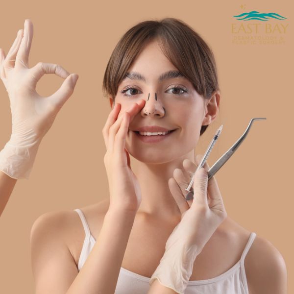 A woman with markings on her nose is surrounded by gloved hands holding medical tools, suggesting preparation for a cosmetic procedure.