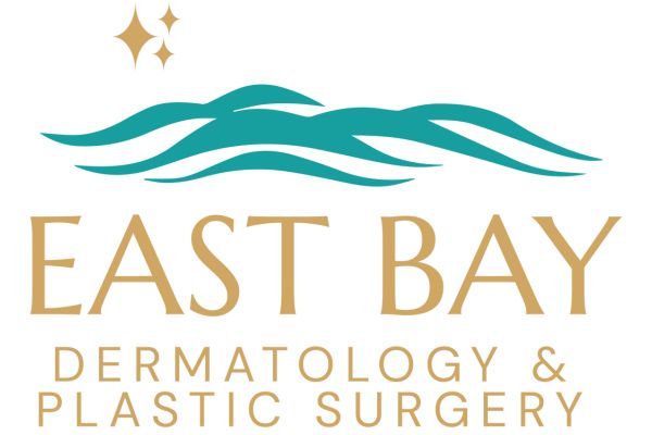 Logo for East Bay Dermatology & Plastic Surgery with teal wave graphics and gold text, featuring three gold sparkles in the top left corner.