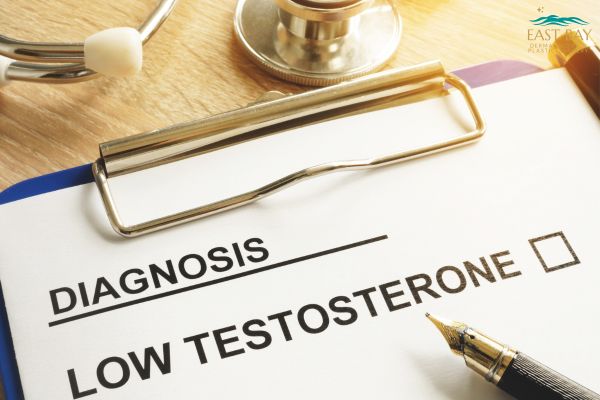 A medical clipboard with a document labeled "Diagnosis: Low Testosterone" next to a stethoscope and a pen on a desk.